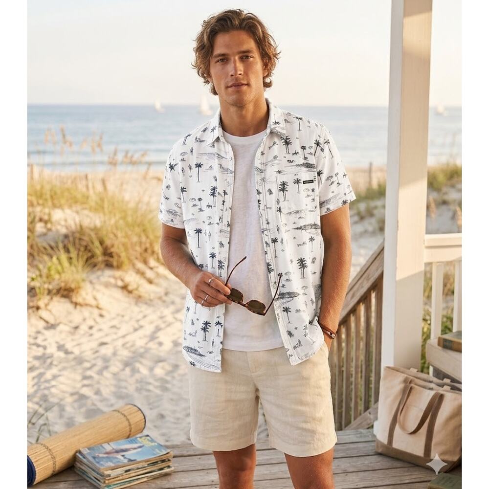Mens‎ Short Sleeve Button Up Shirt Beach Print white Palm Tree Casual Summer Top
